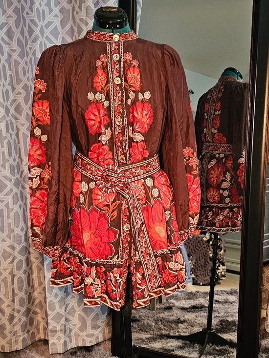 FARM Rio Dresses & Skirts - FARM Rio Gigi Tapestry Brown Button‑Front Mini Dress w/ Original Statement Belt